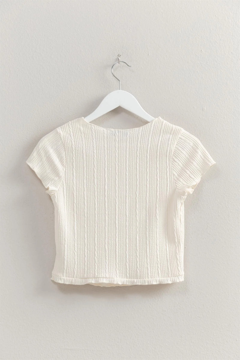 Ivory Textured Short Sleeve Lettuce Trim Top