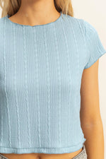 Light Blue Textured Short Sleeve Lettuce Trim Top