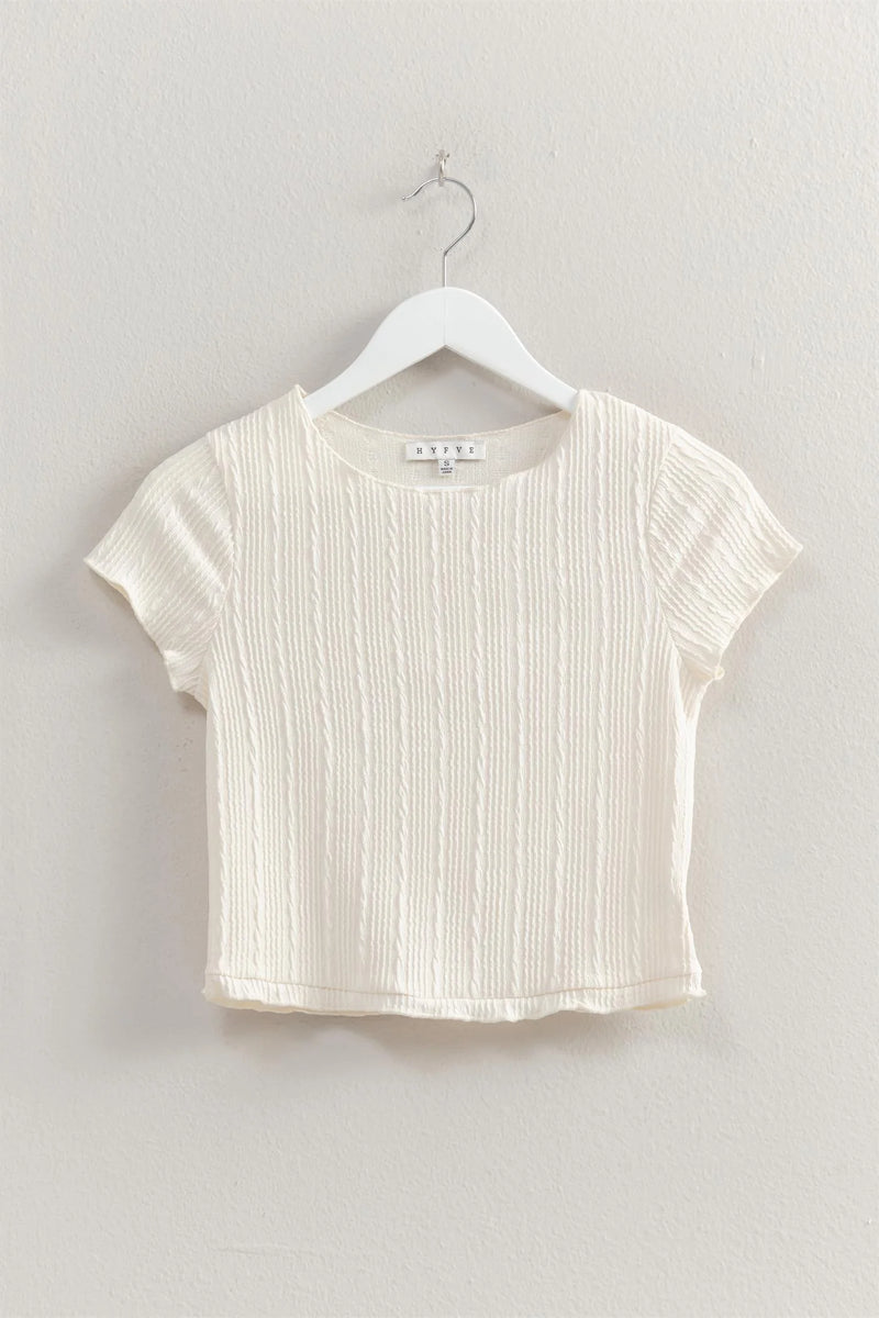 Ivory Textured Short Sleeve Lettuce Trim Top