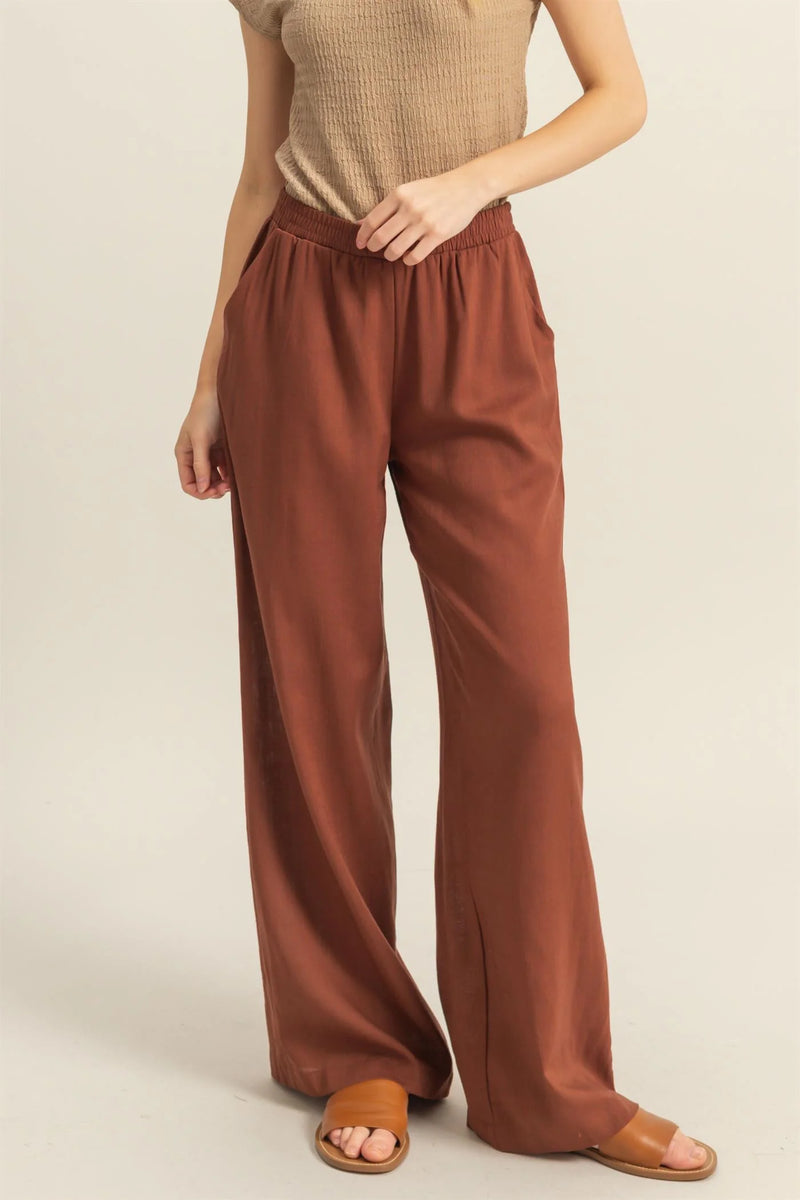 Chocolate Brown Elasticized Waist Linen Pants
