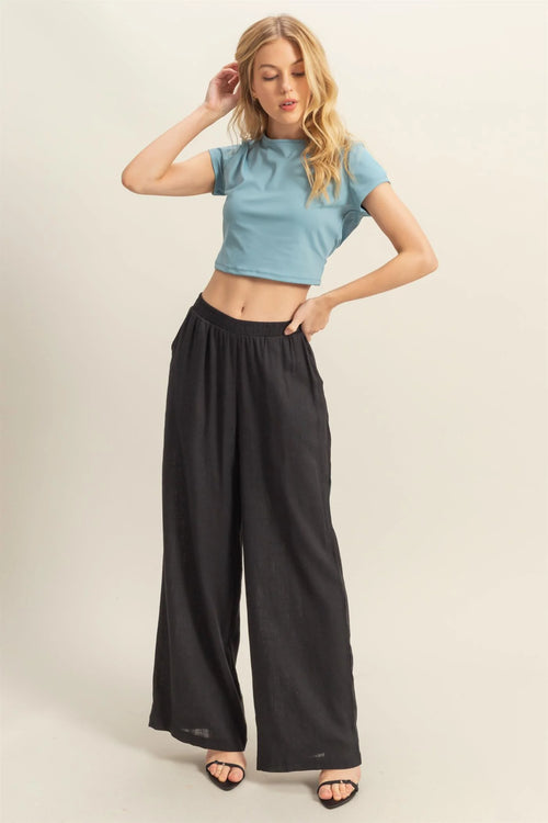 Black Elasticized Waist Linen Pants