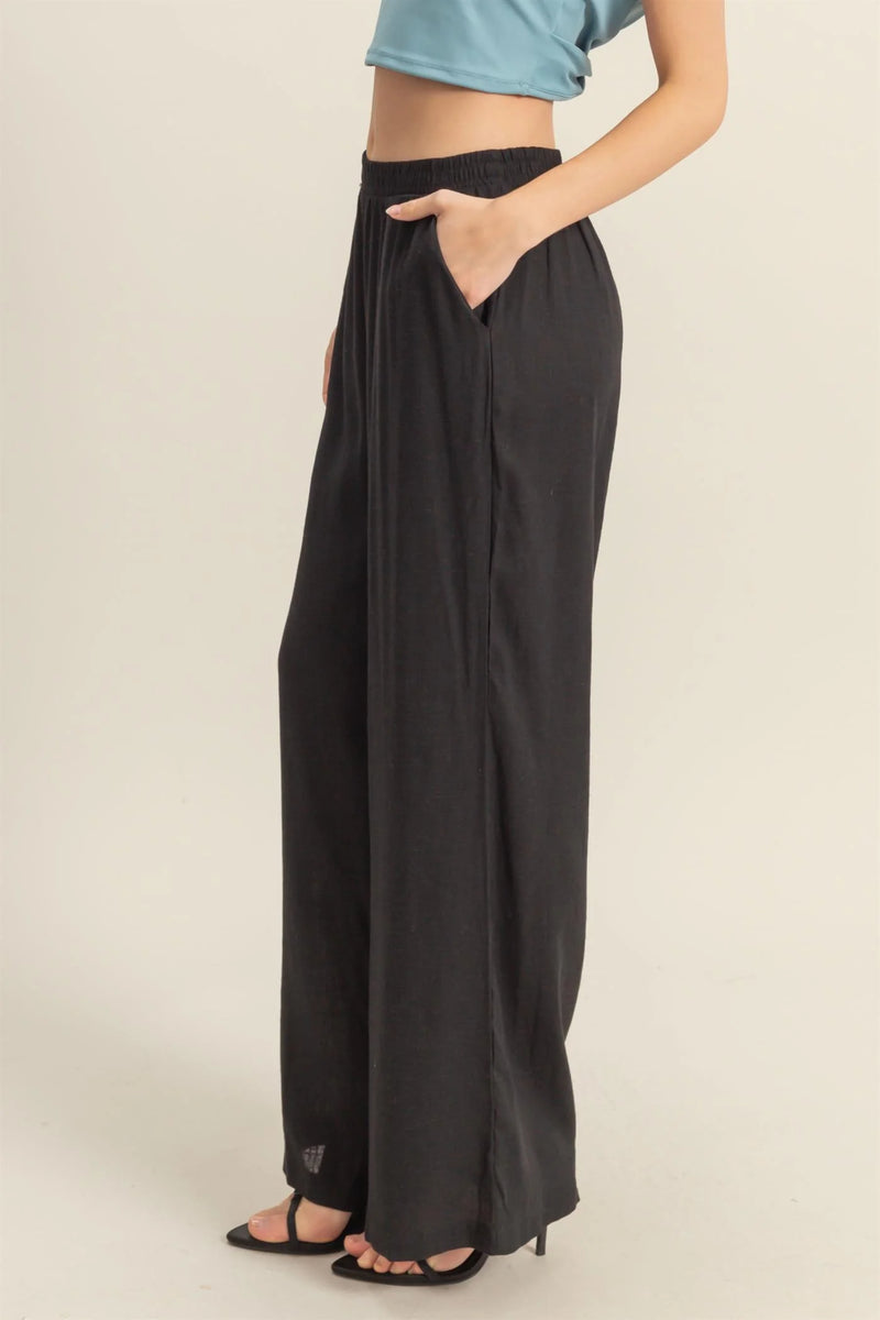 Black Elasticized Waist Linen Pants