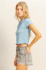 Light Blue Textured Short Sleeve Lettuce Trim Top
