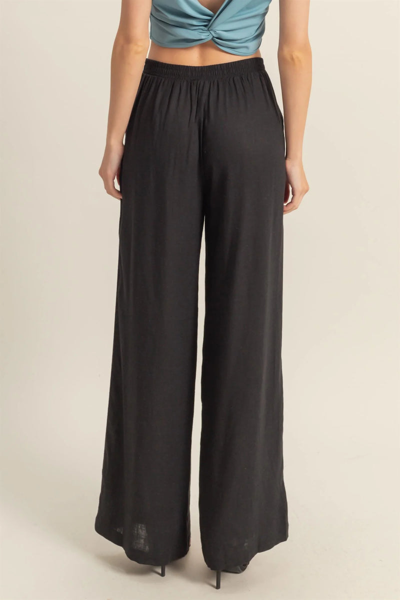Black Elasticized Waist Linen Pants