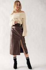 Chocolate Brown Midi Leather Horseshoe Buckle Skirt