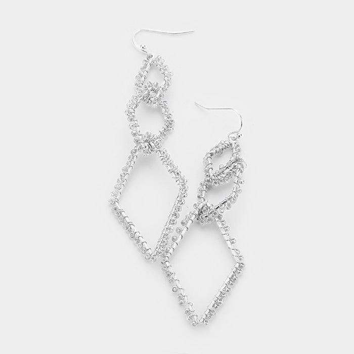 Silver Triple Seed Beaded Rhombus Dangle Earrings