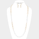 Freshwater Pearl Accented Metal Open Oval Link Long Necklace