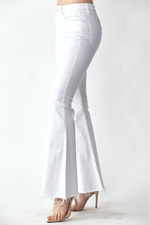 White Mid Rise Raw Hem Kick Flare