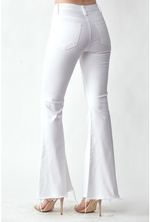 White Mid Rise Raw Hem Kick Flare