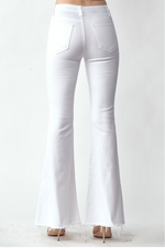 White Mid Rise Raw Hem Kick Flare