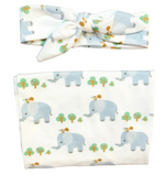 Baby Elephant Pattern Swaddle and Knotted Headband Set