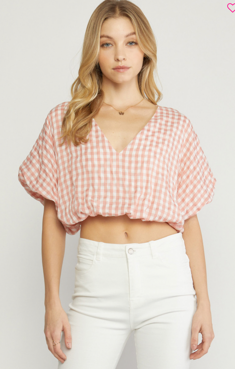 Peach Gingham Print V-Neck Cropped Top