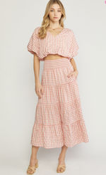 Peach Gingham Print V-Neck Cropped Top