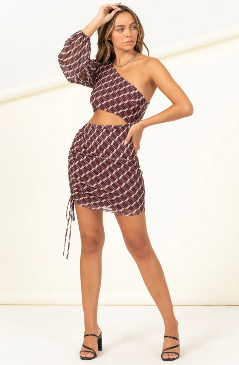 Brown Geometric Print One-Shoulder Mini Dress