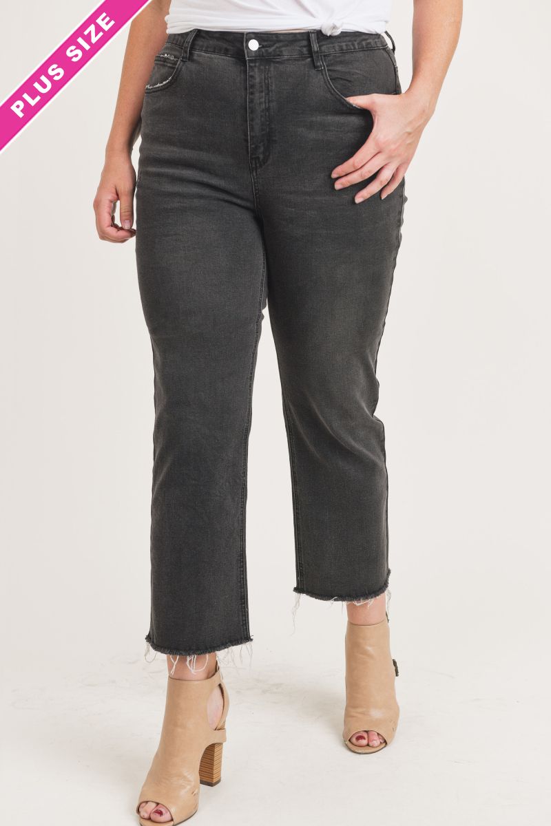 Plus Size Raw Hem Straight Fit Black Jeans