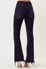 Black High Rise Distressed Raw Hem Flare Jeans